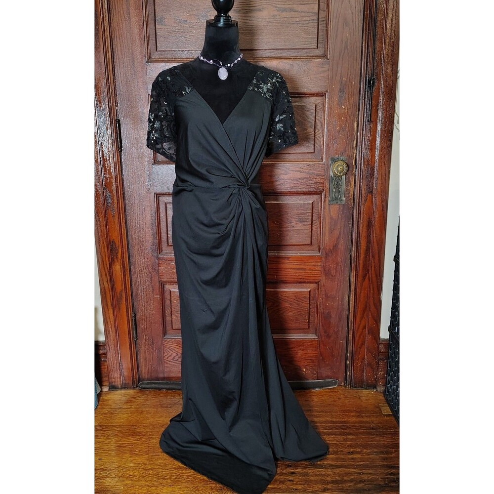 Black Elegant Evening Gown Twisted Know Waist Sparkling Sequin Short Sleeve...